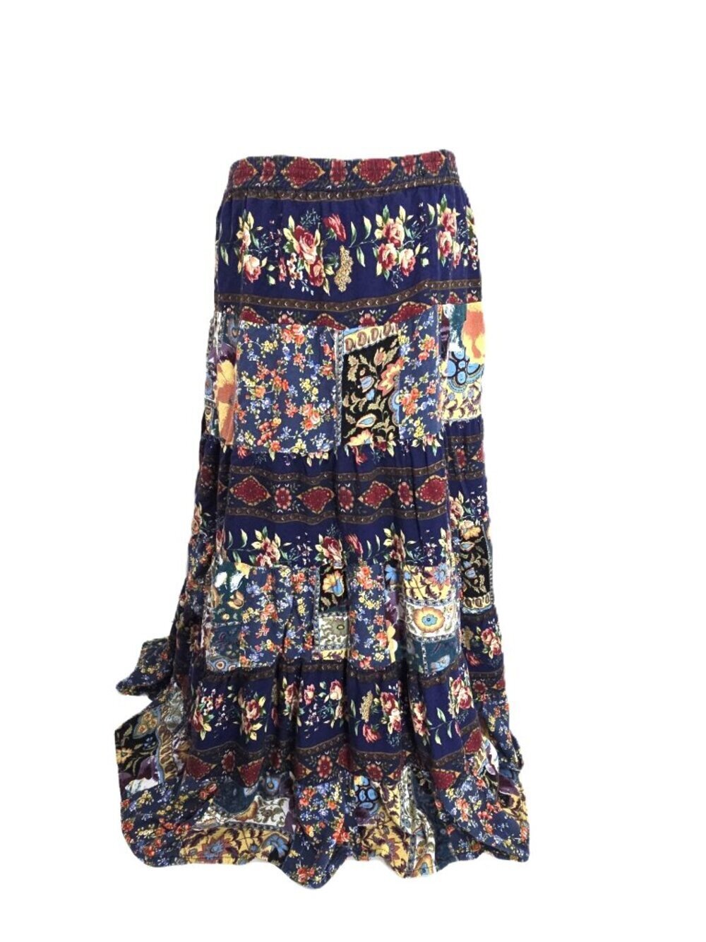 Women's Navy Floral Tiered Boho Maxi Pull on Cottaegcore Skirt Size L / XL